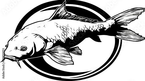 A black and white illustration of a koi fish within a stylized circle