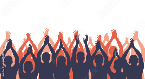 A large crowd of people raising their hands in a celebratory gesture