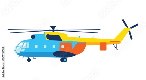 Colorful cartoon illustration of a side view helicopter with distinct features