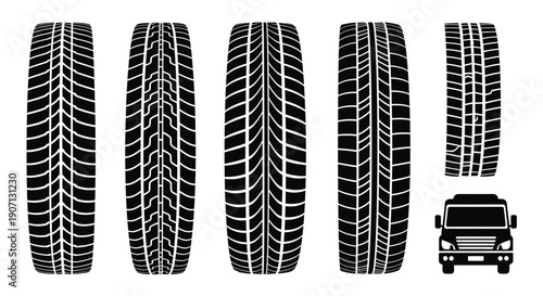 Five tire tread patterns and a front view of a truck illustration
