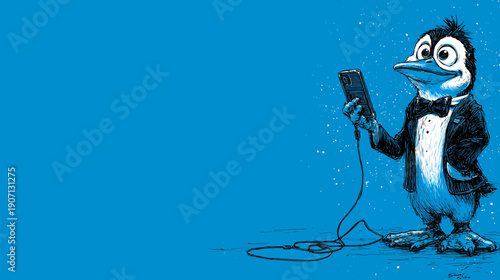 A cartoon penguin in formal attire holds a phone against a blue backdrop with ink style artwork
