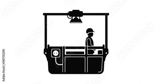 Black and white illustration of a construction elevator with worker