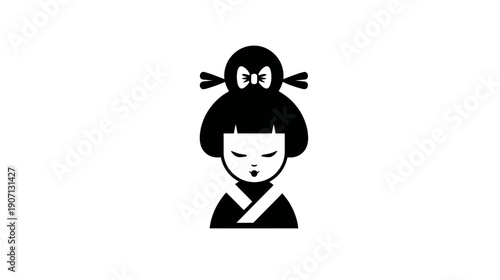 A monochrome illustration of a female figure, styled in a traditional East Asian aesthetic