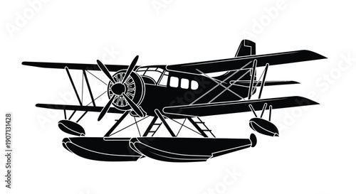 Black and white illustration of a vintage seaplane with floats