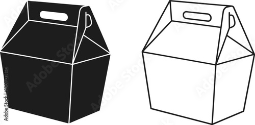 Two gable top takeout boxes one black and one white side by side