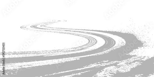 Abstract distressed brush stroke curved path with textured grunge effect, minimalist gray and white vector illustration