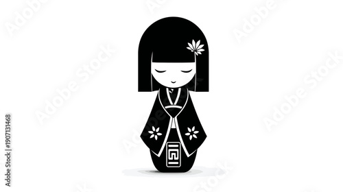 Stylized black and white illustration of a traditional Japanese Kokeshi doll, a minimalist design