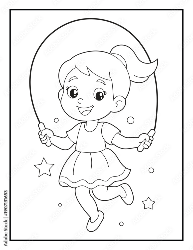 Obraz premium Happy Girl Jumping Rope Coloring Page for Kids. Friendly Little Girl Character Playing Fitness Activity Vector for Children. 