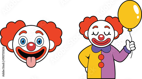 Cartoon clown character vector illustration set, funny circus joker face with tongue and smiling performer holding balloon