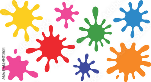 Colorful paint splatter vector illustration set, bright abstract splash shapes for art design, kids background, creative decoration