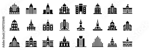 Government and City Building Icons Set Black Silhouette Architecture Landmarks Vector
