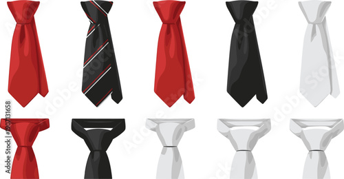 Set of formal necktie vectors with various knots and colors including red black and white for business fashion and corporate style illustrations