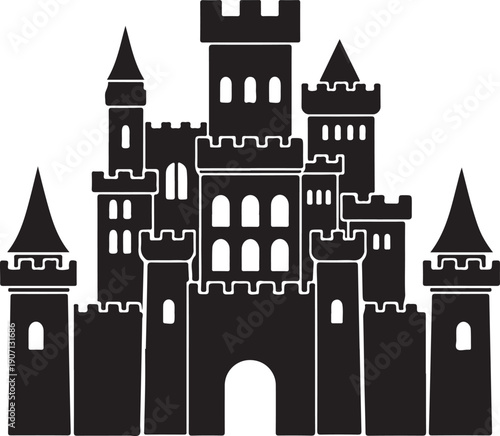 A black silhouette of a medieval castle with towers and battlements on a white background.