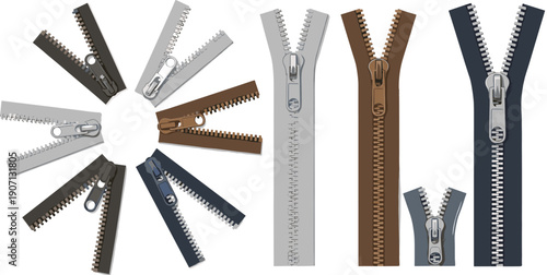 Vector set of colorful metal zippers in various lengths and positions including a circular arrangement for fashion design and apparel sketches