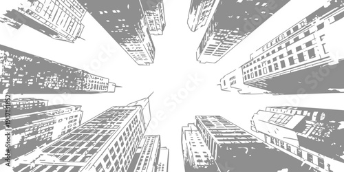 Looking up perspective of towering skyscrapers in a dense urban cityscape, monochrome architectural illustration