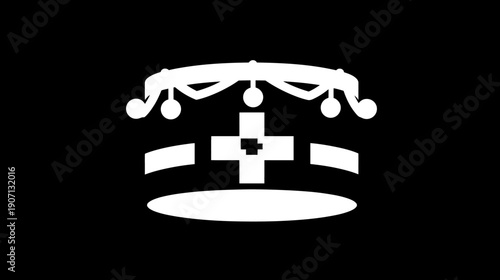 A regal white-on-black image of a crown with a cross at the center and embellishments