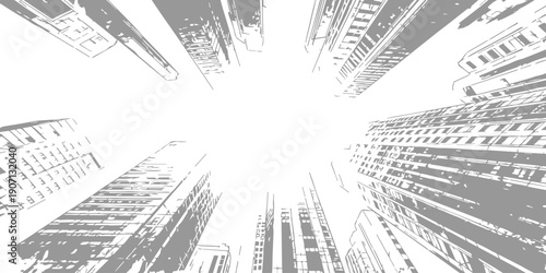 Dramatic low-angle view of towering skyscrapers in a monochromatic city, emphasizing urban architecture and perspective