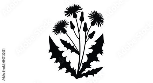 Stylized black silhouette of dandelion plants with leaves and seed heads