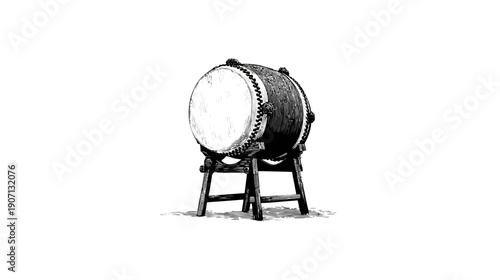 Black and white illustration of a large, cylindrical drum mounted on a wooden stand
