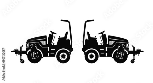 Two black silhouettes of riding lawnmowers facing opposite directions