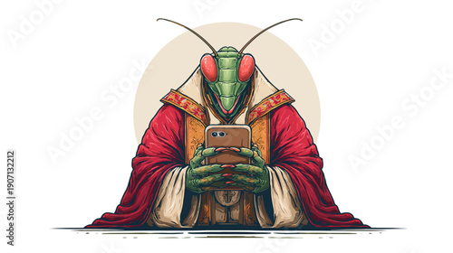 Illustration of a robed praying mantis creature holding a smartphone, a comedic juxtaposition