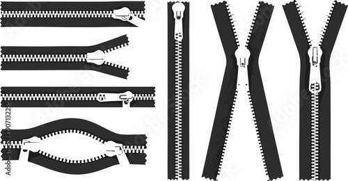 Black and white zipper silhouettes set featuring different stages of opening and closing for flat fashion sketches and technical apparel illustrations