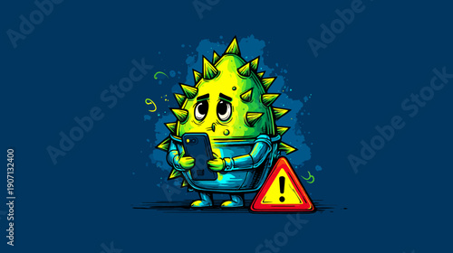 A cartoon creature with spikes and a phone stares at an alert sign on a blue background
