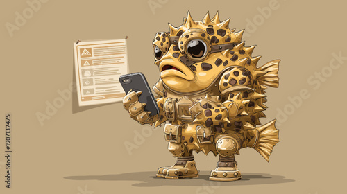 A yellow, armored creature, with spikes, spots, and goggles, engrossed in a cell phone
