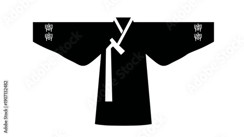 A black and white illustration of traditional clothing, including a long robe with a white tie