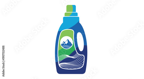 Illustration of a blue and green laundry detergent bottle with mountain imagery