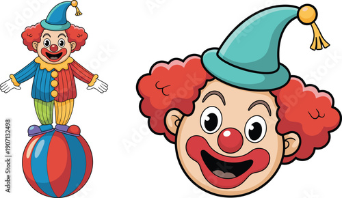 Cartoon clown character vector illustration set, colorful circus joker balancing on ball and smiling face mascot isolated