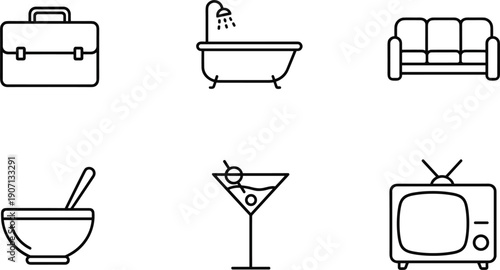 Household lifestyle icons set line art vector illustrating home furniture bathroom kitchen entertainment daily living symbols
