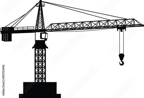 Black silhouette of a construction tower crane with a hook isolated on white background, industrial building machinery, heavy lifting equipment,
