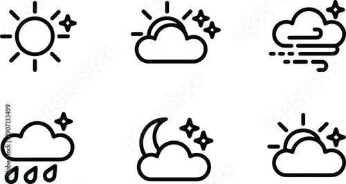 Hand-drawn weather forecast icons, sunny sparkle, partly cloudy sun, windy cloud, rainy cloud, crescent moon cloudy night illustration concept