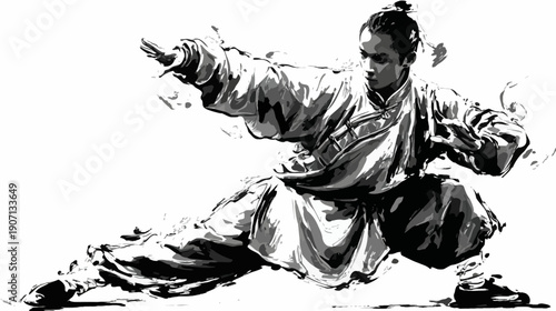 A grayscale illustration of a man performing a dynamic martial arts pose