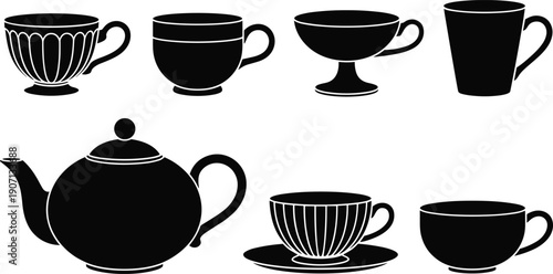 Hand-drawn tea and drinkware icons, silhouette cups, teapot, fluted pedestal cup, goblet-style cup, tall mug, saucer teacup illustration concept