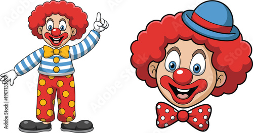 Cartoon clown character vector illustration set, colorful circus joker full body pointing pose and smiling face mascot icons