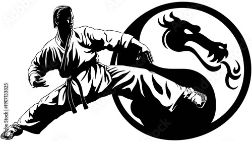 A martial artist performs a dynamic flying kick, paired with a dragon symbol on a black and white background