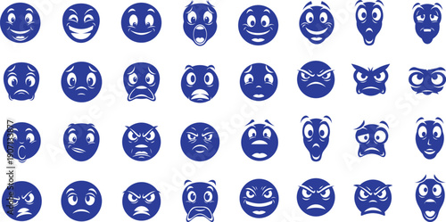 Assortment of expressive facial icons representing different moods and feelings in a simplified style