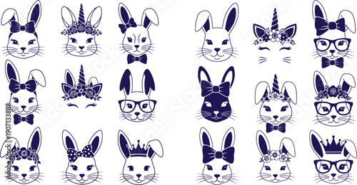 Adorable collection of bunny rabbit heads adorned with bows, flower crowns, glasses, and unicorn horns