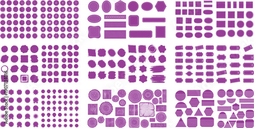 Collection of blank purple tags, badges, and geometric shapes with textured edges for branding and labeling