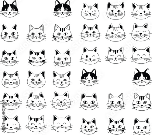Collection of diverse cartoon cat faces with varying fur patterns in a simple line drawing style