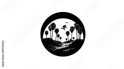 Silhouette art featuring a skateboarder mid-air amidst palm trees within a black circular frame against white
