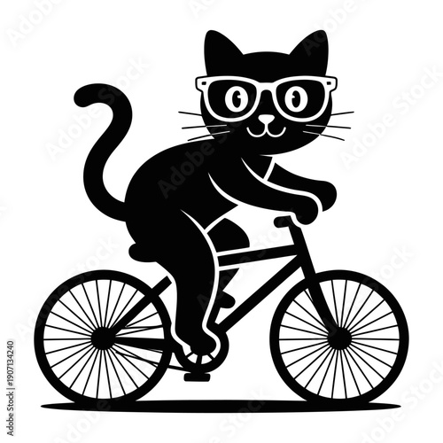 Cartoon cat riding bicycle in cool sunglasses with black silhouette