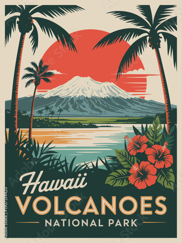 Hawaii Volcanoes National Park poster, vintage typography with stylized script design