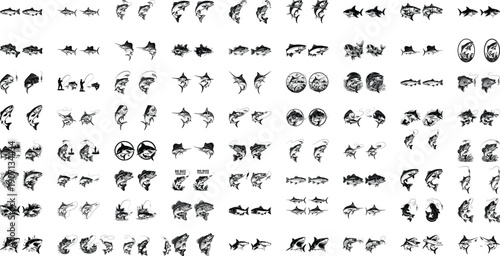 Comprehensive vector set of various fish species and fishing activity silhouettes for outdoor recreation branding