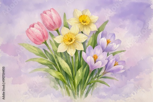 Wallpaper Mural A delicate watercolor painting of a spring floral bouquet of blooming pink tulips, yellow daffodils and lavender  crocuses with green leaves and stems. Torontodigital.ca