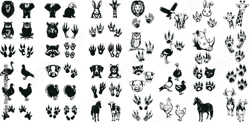 Diverse collection of animal silhouettes featuring various species, heads, bodies, and paw prints