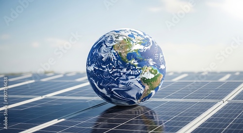 Earth globe on solar panels with blue sky background