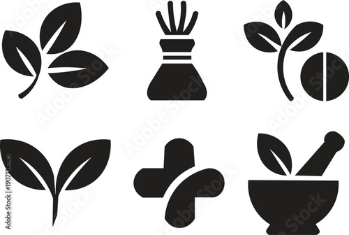 Herb and medicine icon set, filled and outline silhouettes, plant, leaf, mortar, and wellness symbols for herbal medicine, natural remedies, and health design